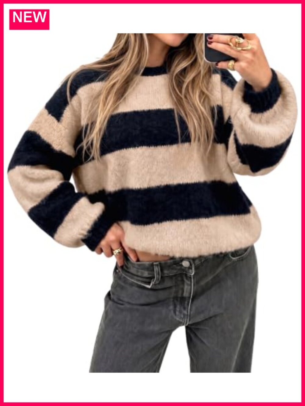 Oversized Striped Fuzzy Knit Pullover Sweater Lantern Sleeve Crew Neck